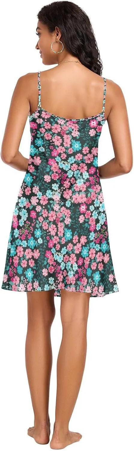 Women's Nightgowns Satin Slip Dress Nightdress Small Colorful Flowers Sleepwear Chemises Slip Mini Dress