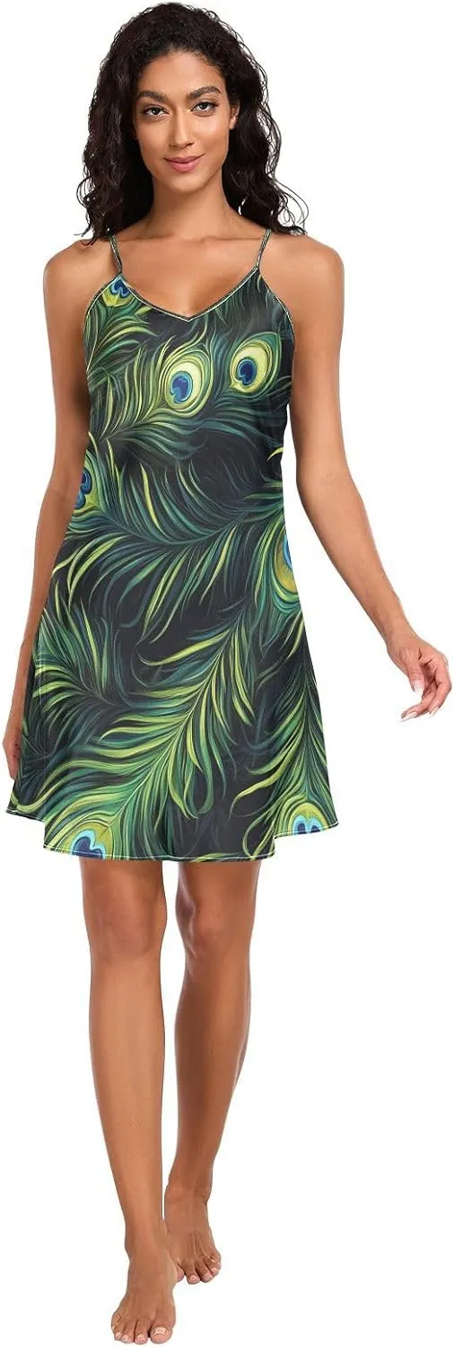 Women's Nightgowns Satin Slip Dress Nightdress Watercolor Peacock Feathers Sleepwear Chemises Slip Mini Dress