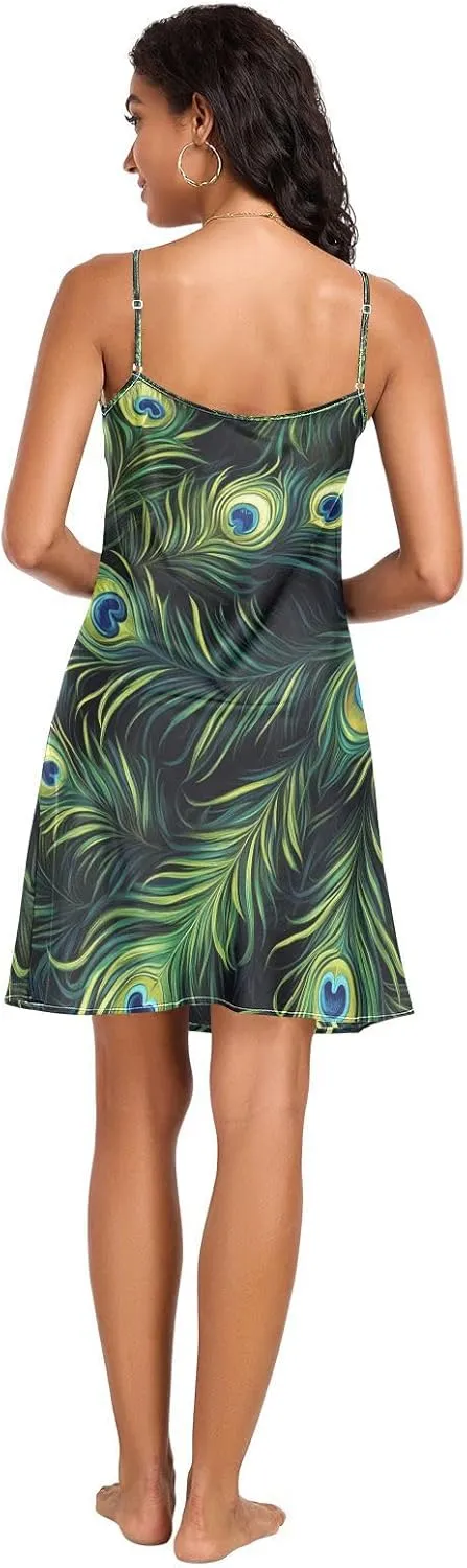 Women's Nightgowns Satin Slip Dress Nightdress Watercolor Peacock Feathers Sleepwear Chemises Slip Mini Dress