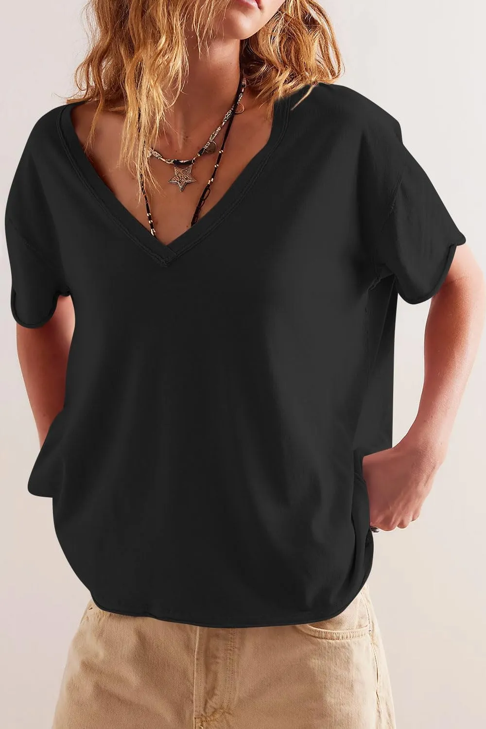 Womens Oversized T Shirts Loose Fit V Neck Short Sleeve Tops Summer Casual Blouse Trendy 2025 Basic Tee