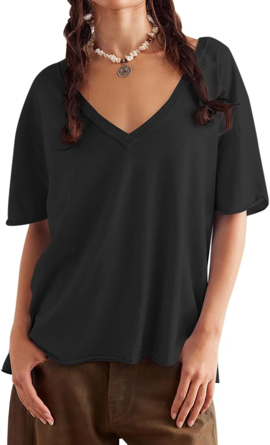 Womens Oversized T Shirts Loose Fit V Neck Short Sleeve Tops Summer Casual Blouse Trendy 2025 Basic Tee