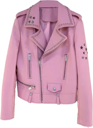 Womens Pink Biker Genuine Sheepskin Lapel Studded Collar Fashion Moto Style Slim Fit Leather Jacket