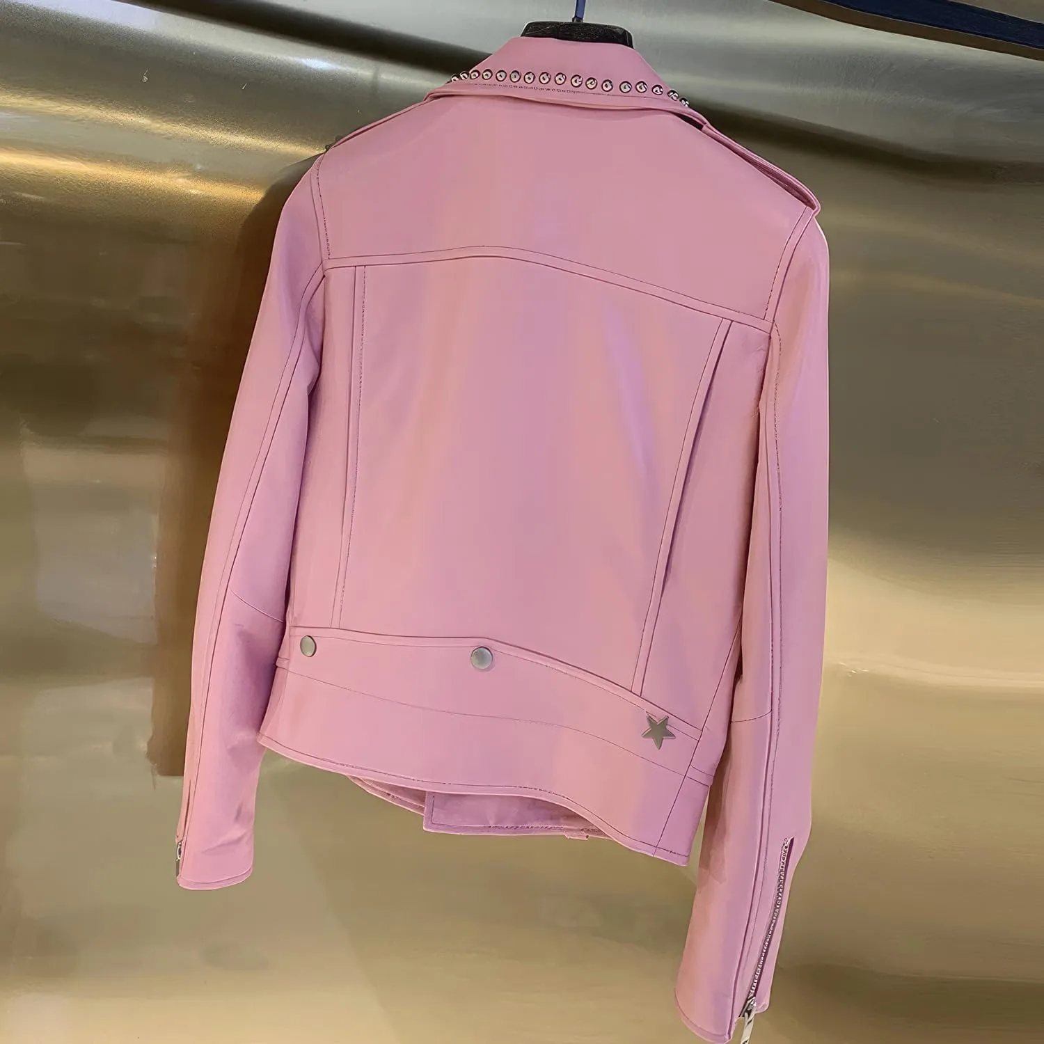 Womens Pink Biker Genuine Sheepskin Lapel Studded Collar Fashion Moto Style Slim Fit Leather Jacket