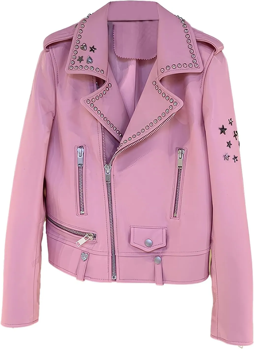 Womens Pink Biker Genuine Sheepskin Lapel Studded Collar Fashion Moto Style Slim Fit Leather Jacket