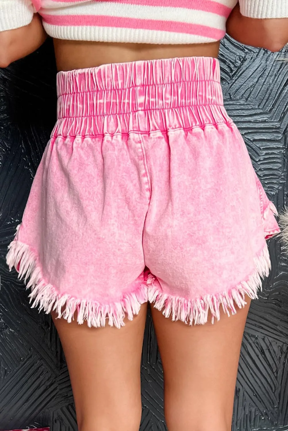 Women's Pink Washed Denim Shorts with Wide Smocked Waistband and Frayed Hem