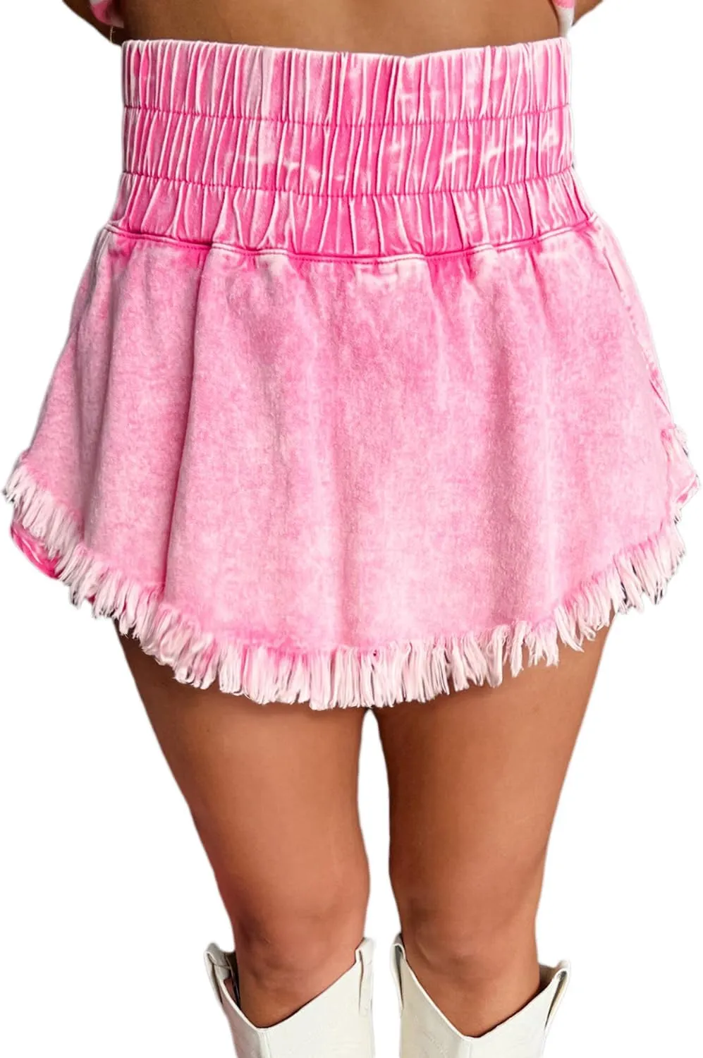 Women's Pink Washed Denim Shorts with Wide Smocked Waistband and Frayed Hem