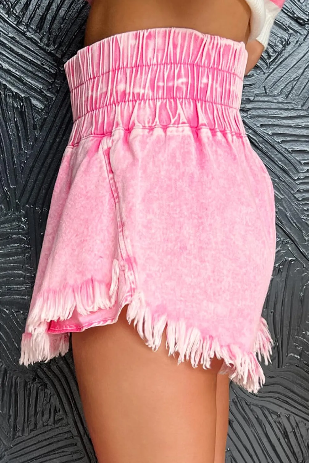 Women's Pink Washed Denim Shorts with Wide Smocked Waistband and Frayed Hem