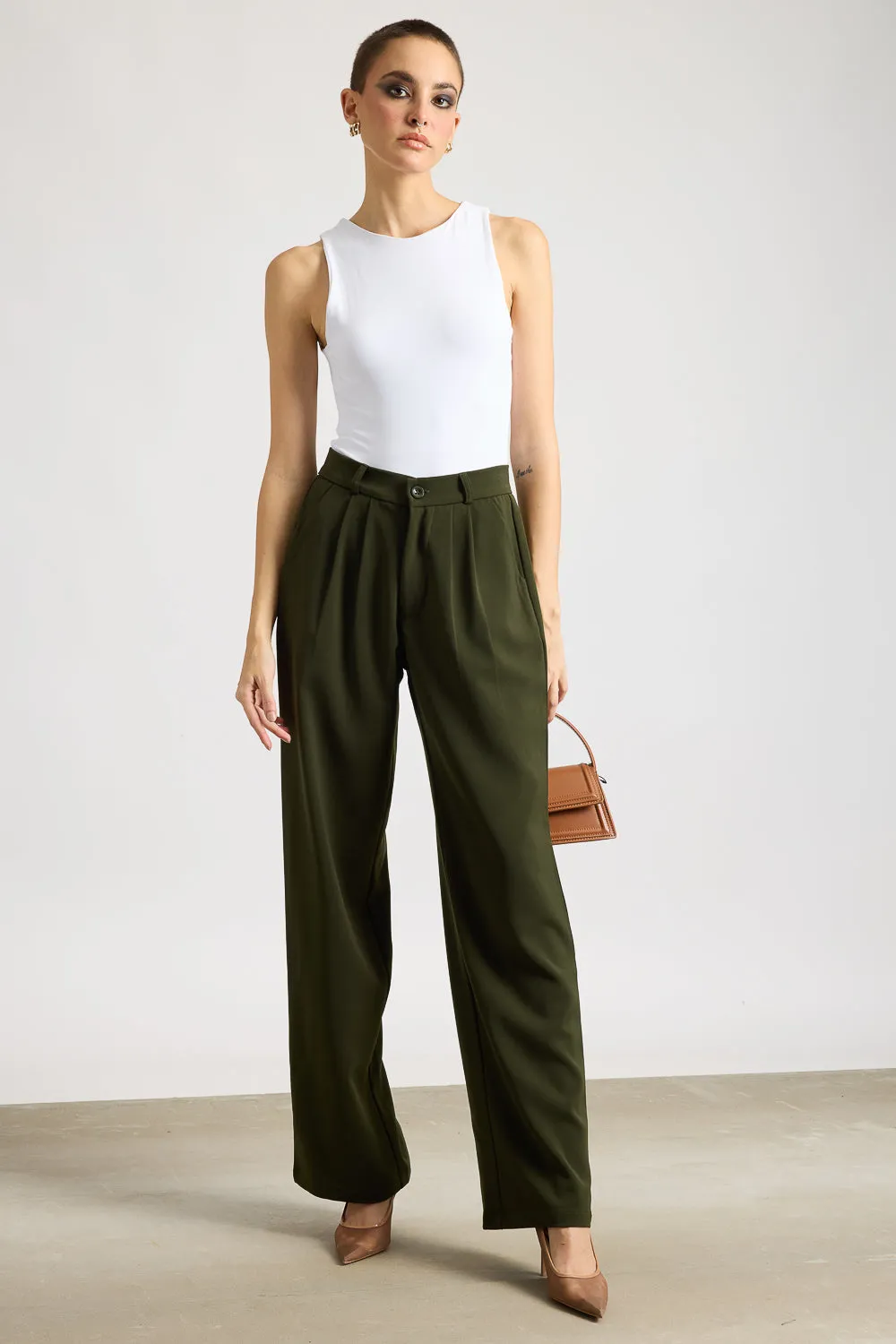 Women's Pleated Olive Korean Pants