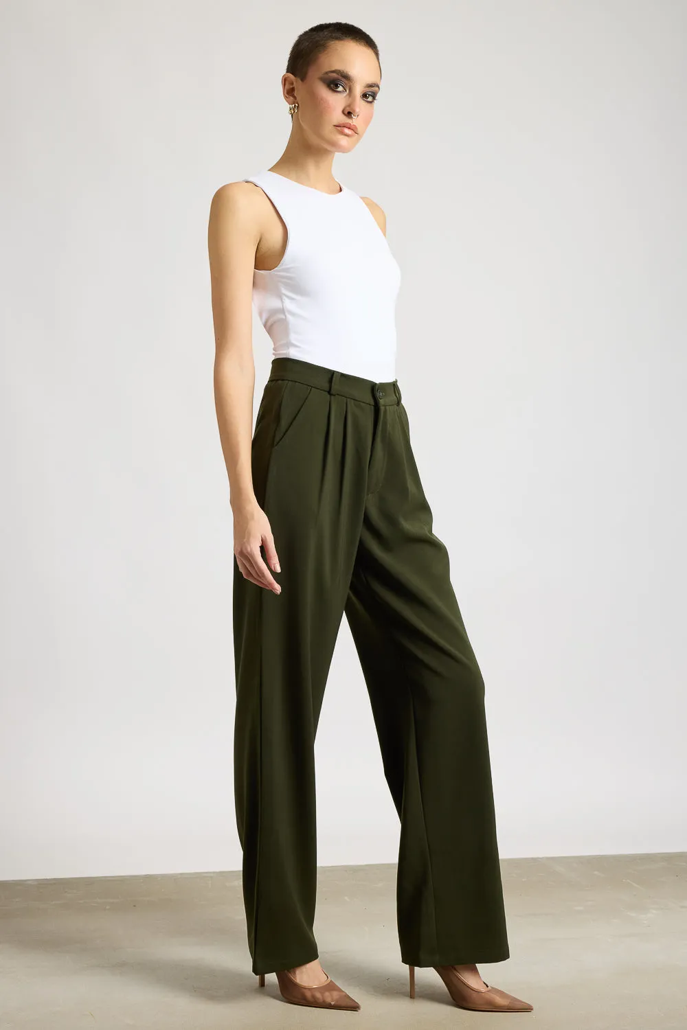 Women's Pleated Olive Korean Pants