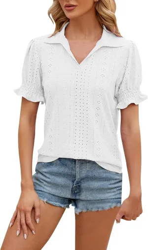 Womens Puff Short Sleeve Tops 2025 Summer Blouses Dressy Casual Eyelet Embroidery Trendy V Neck Business Work T Shirt