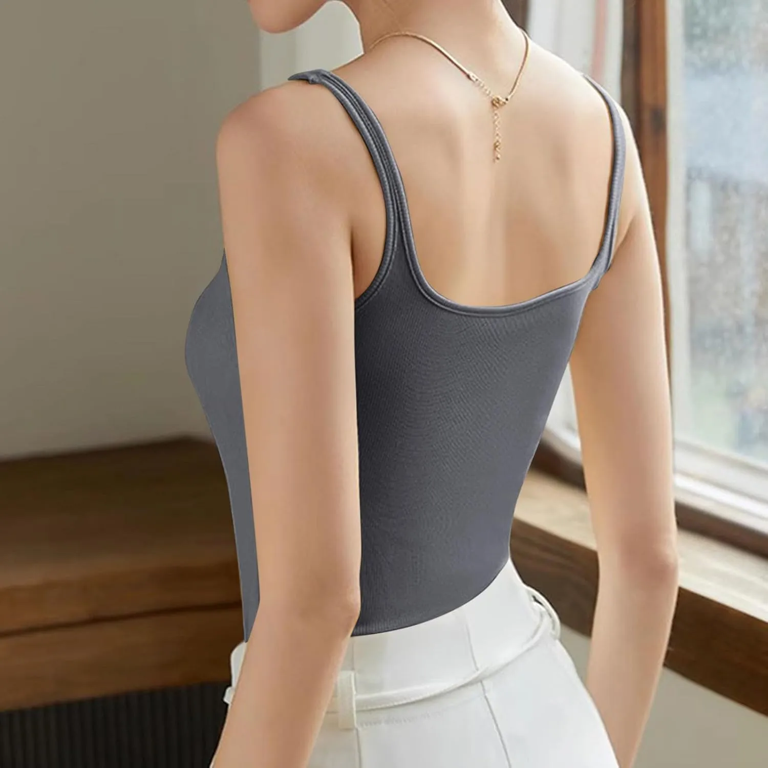 Womens Ribbed Knit Cami Crop Tops Summer Spaghetti Strap Basic Tank Top with Built in Bra Round Neck Sleeveless Shirts