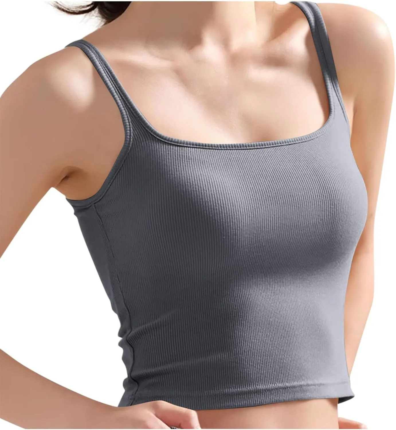 Womens Ribbed Knit Cami Crop Tops Summer Spaghetti Strap Basic Tank Top with Built in Bra Round Neck Sleeveless Shirts