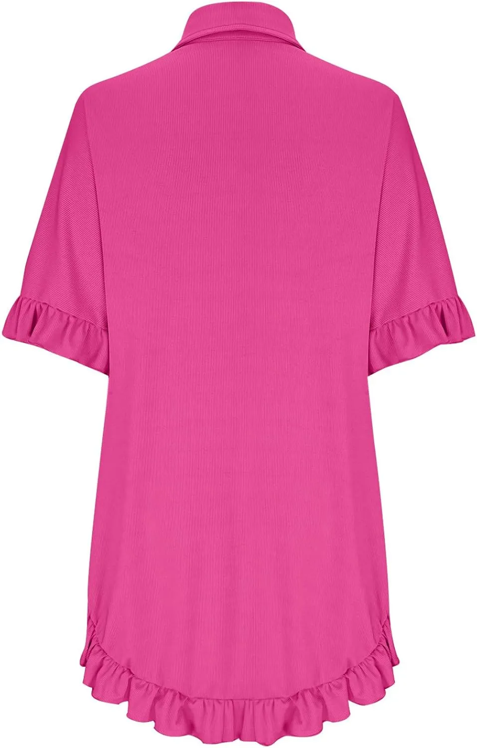 Women's Ribbed Knit Lapel Dress Single Breasted Solid Half Sleeve Dresses Thigh Length Ruffle Trim Casual Dress
