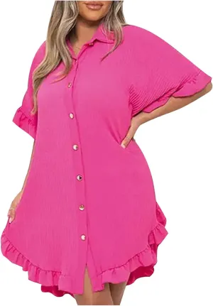 Women's Ribbed Knit Lapel Dress Single Breasted Solid Half Sleeve Dresses Thigh Length Ruffle Trim Casual Dress