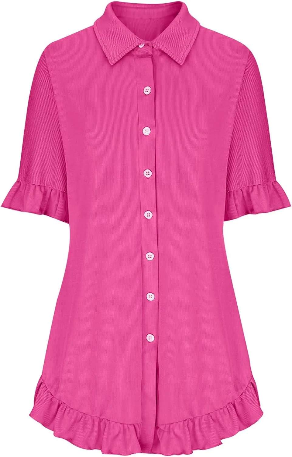 Women's Ribbed Knit Lapel Dress Single Breasted Solid Half Sleeve Dresses Thigh Length Ruffle Trim Casual Dress