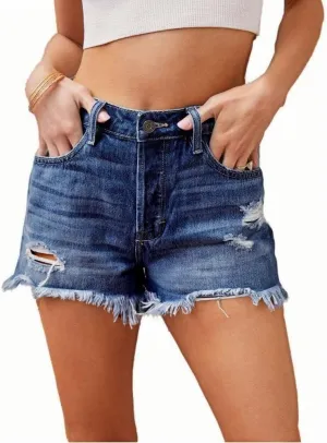 Women's Ripped High Waisted Denim Shorts Stretchy Frayed Raw Hem Jean Shorts