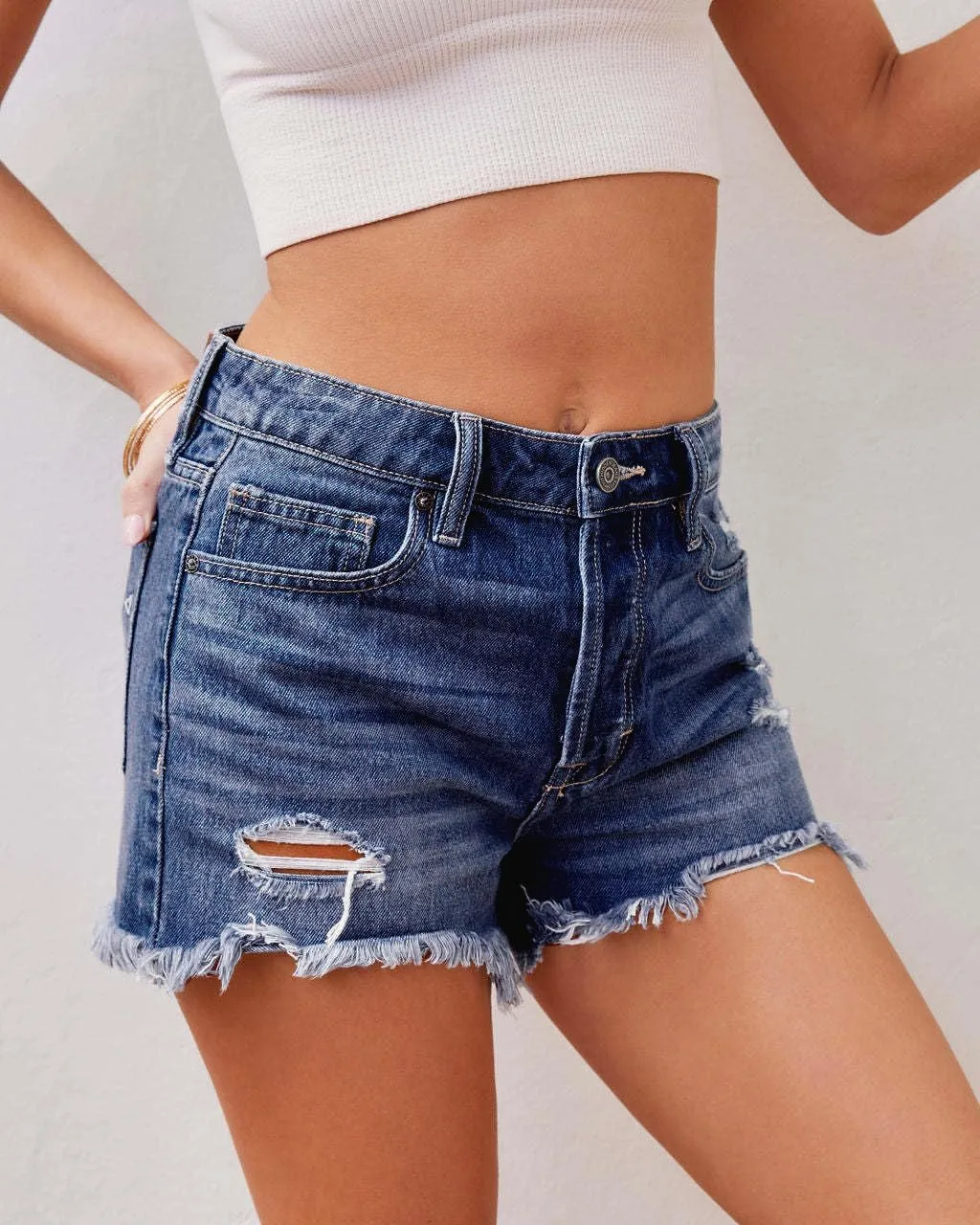 Women's Ripped High Waisted Denim Shorts Stretchy Frayed Raw Hem Jean Shorts