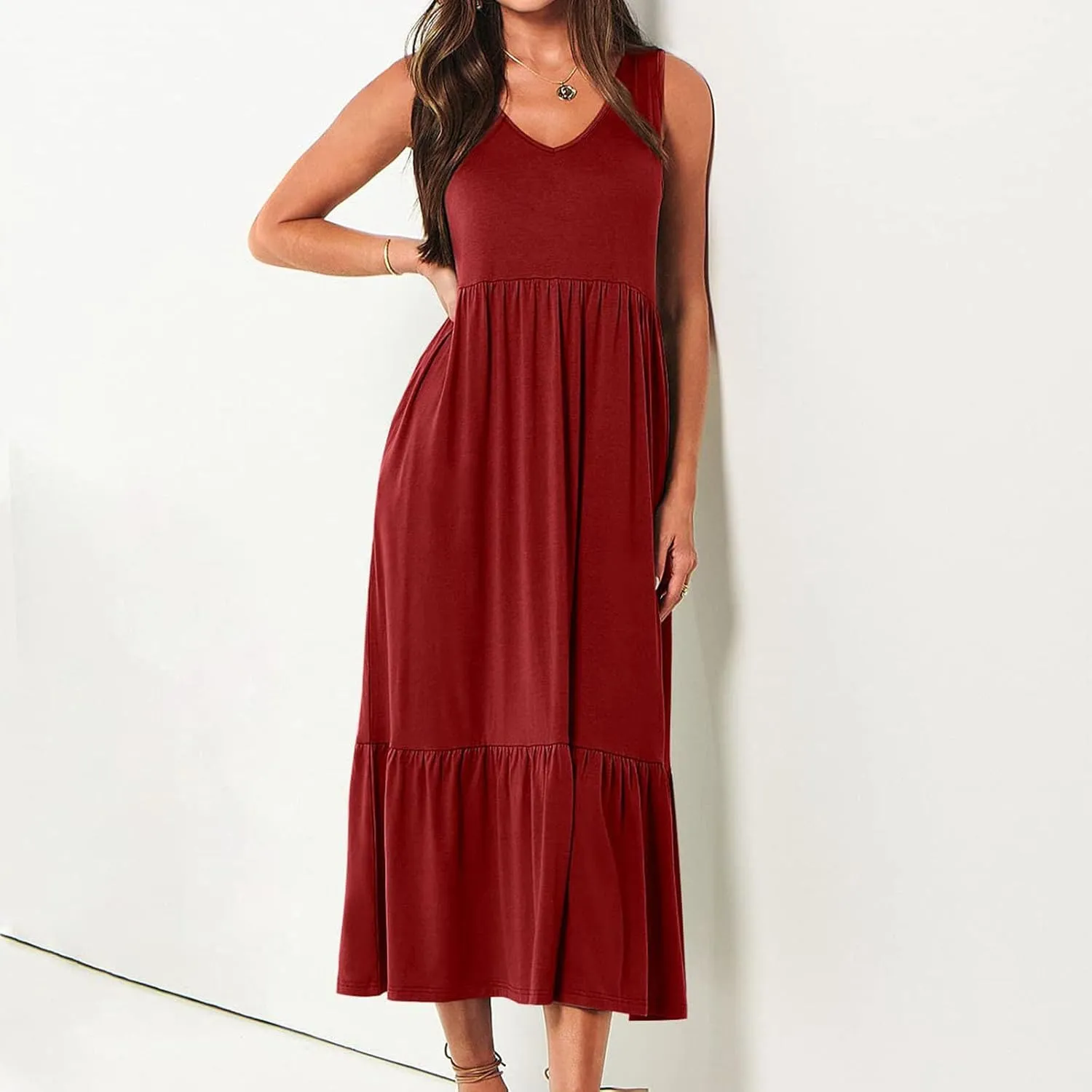 Women's Ruffled Midi Dresses Solid Color V-Neck Halter Casual Beach Sundress Pleated Tiered Vacation Boho Maxi Dress