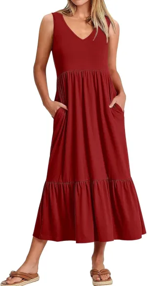 Women's Ruffled Midi Dresses Solid Color V-Neck Halter Casual Beach Sundress Pleated Tiered Vacation Boho Maxi Dress
