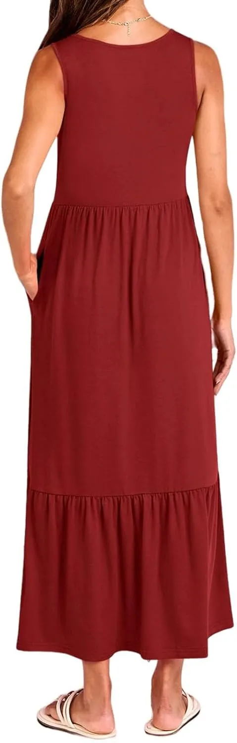 Women's Ruffled Midi Dresses Solid Color V-Neck Halter Casual Beach Sundress Pleated Tiered Vacation Boho Maxi Dress