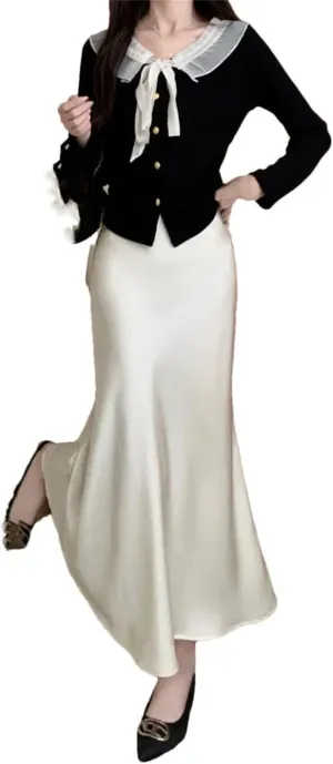 Women's Satin Silk A-Line Long Skirt High Waist Ladies Solid Fishtail Skirts for Women