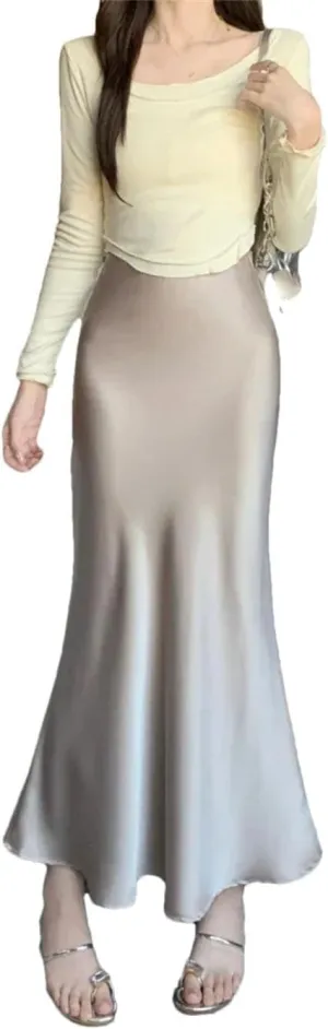 Women's Satin Silk A-Line Long Skirt High Waist Ladies Solid Fishtail Skirts for Women
