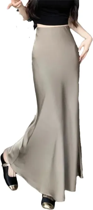 Women's Satin Silk A-Line Long Skirt High Waist Ladies Solid Fishtail Skirts for Women