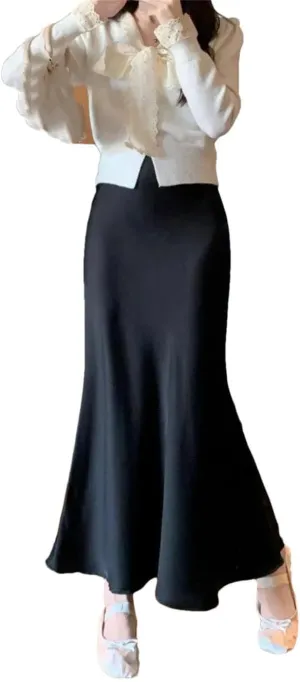 Women's Satin Silk A-Line Long Skirt High Waist Ladies Solid Fishtail Skirts for Women