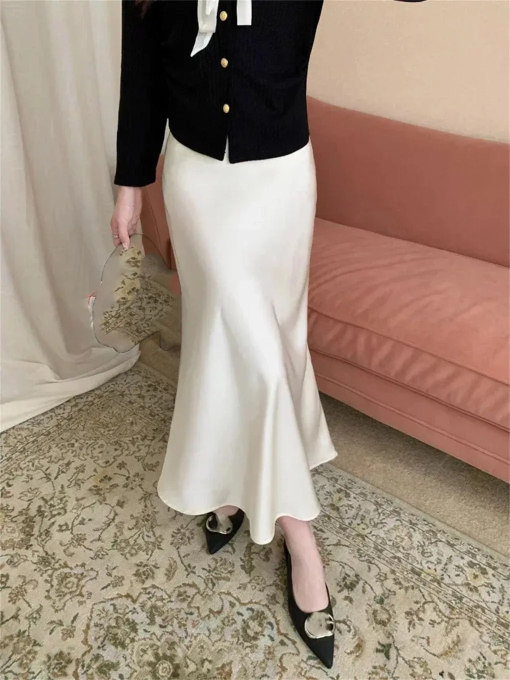 Women's Satin Silk A-Line Long Skirt High Waist Ladies Solid Fishtail Skirts for Women