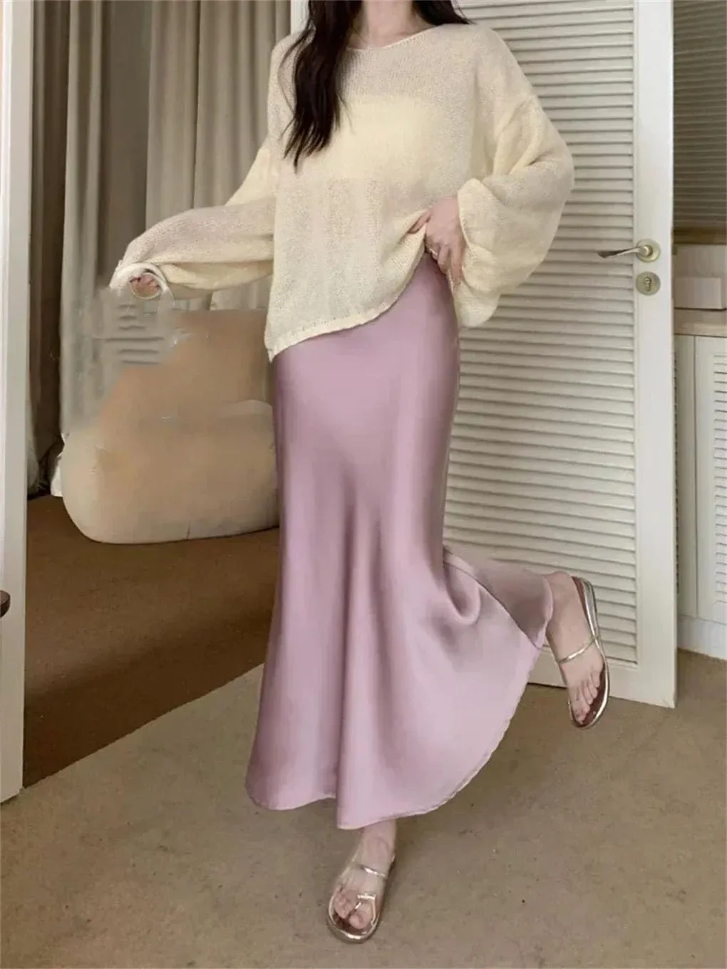 Women's Satin Silk A-Line Long Skirt High Waist Ladies Solid Fishtail Skirts for Women