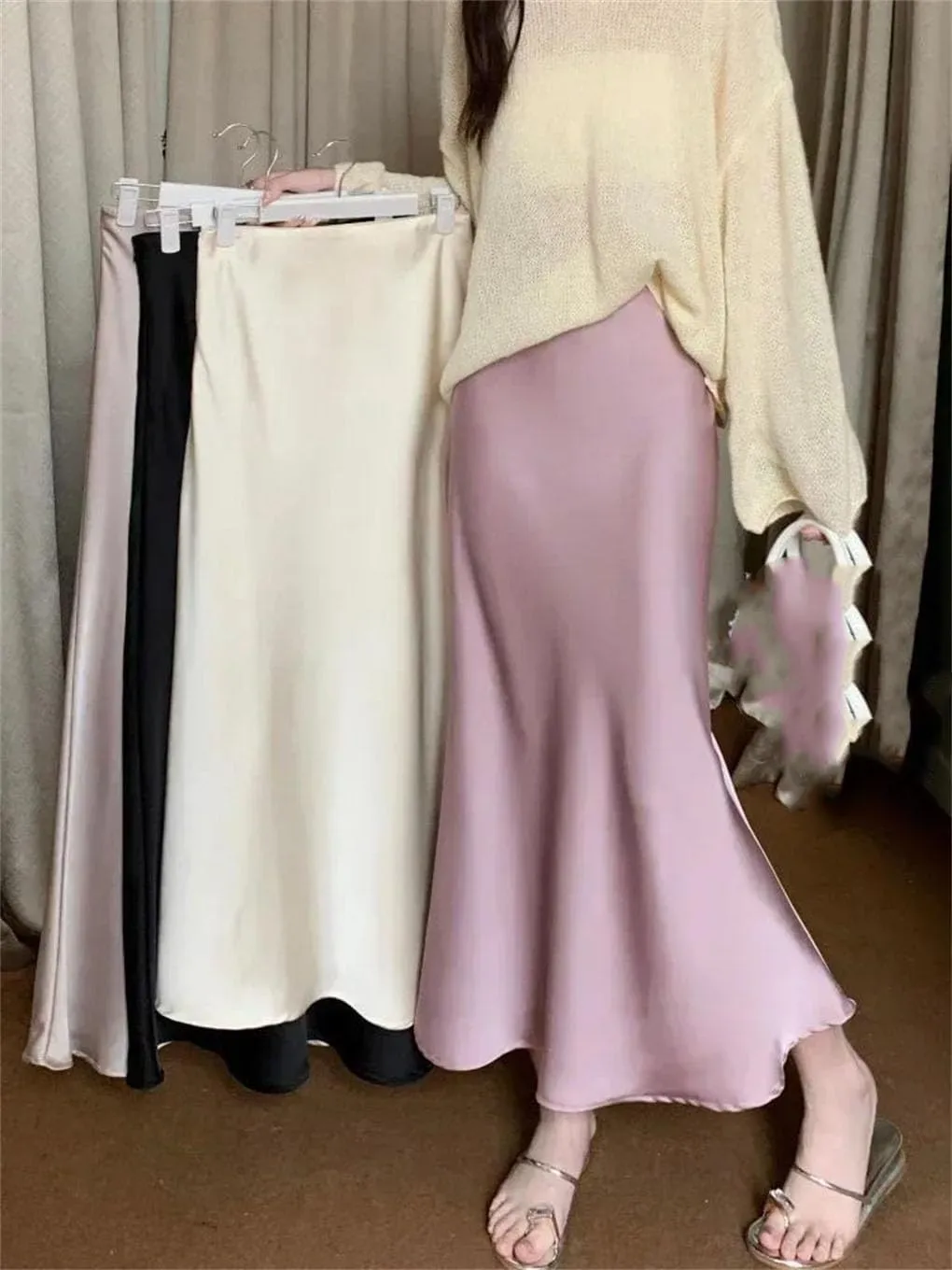 Women's Satin Silk A-Line Long Skirt High Waist Ladies Solid Fishtail Skirts for Women