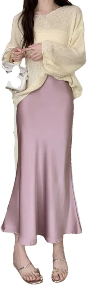 Women's Satin Silk A-Line Long Skirt High Waist Ladies Solid Fishtail Skirts for Women
