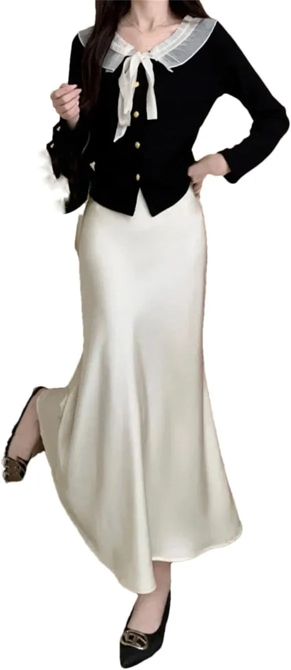 Women's Satin Silk A-Line Long Skirt High Waist Ladies Solid Fishtail Skirts for Women