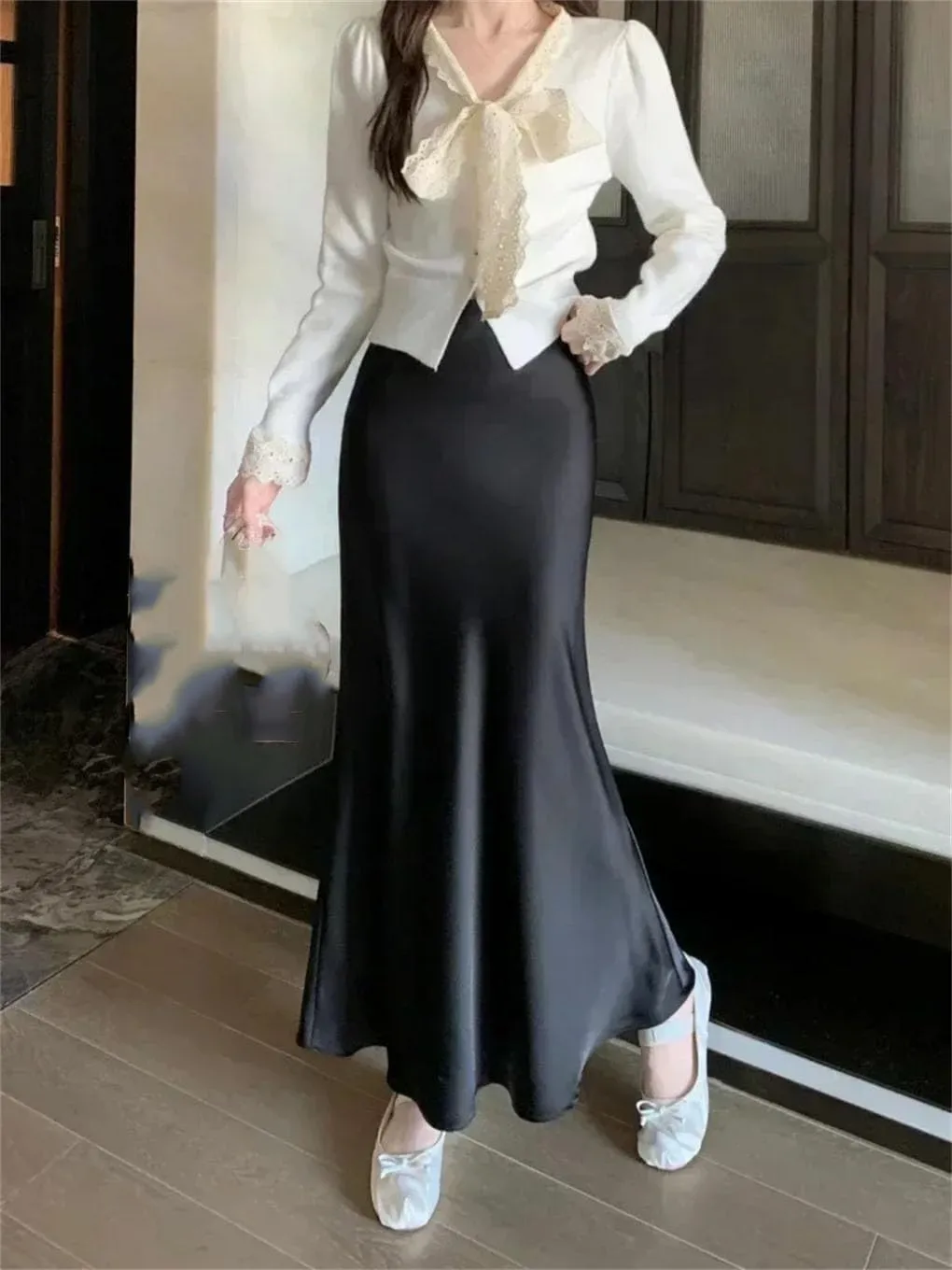 Women's Satin Silk A-Line Long Skirt High Waist Ladies Solid Fishtail Skirts for Women