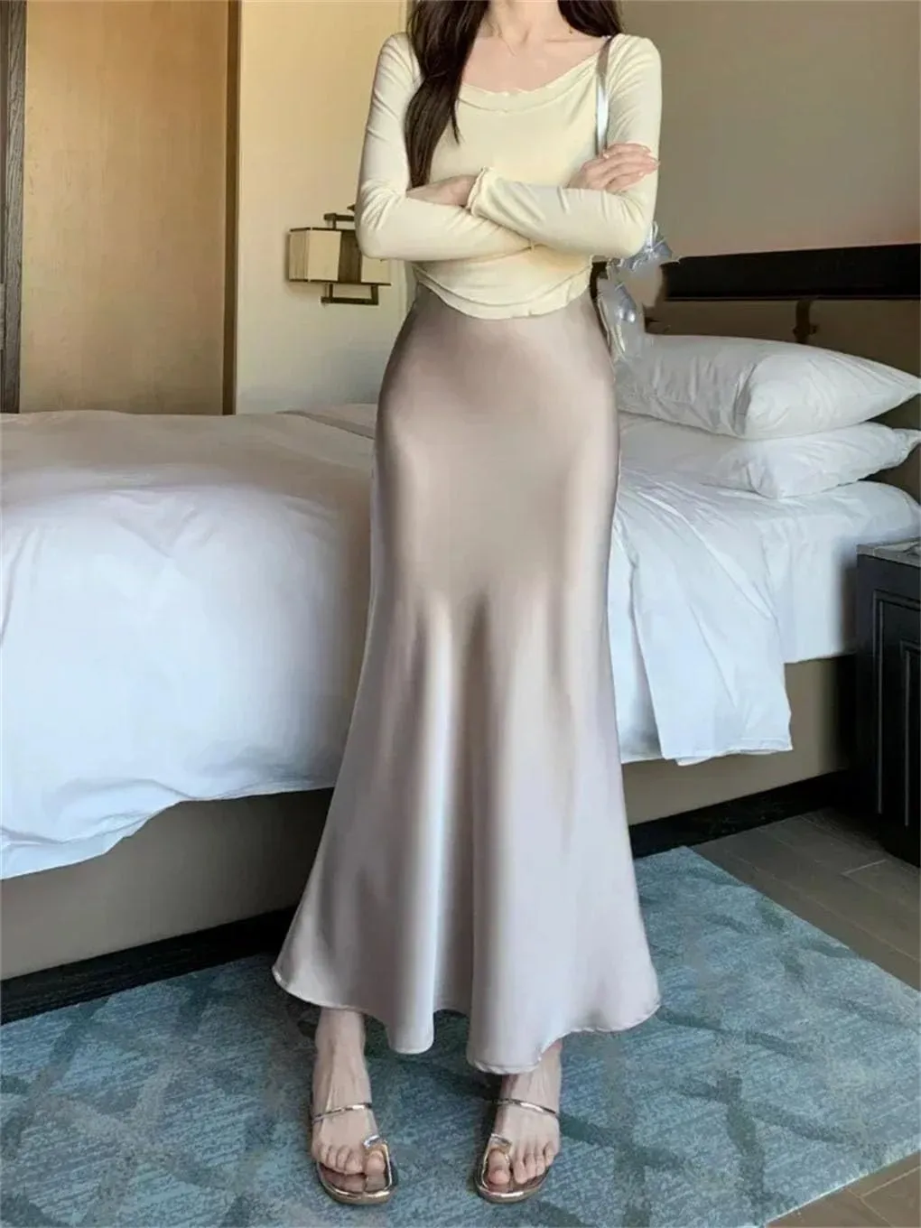 Women's Satin Silk A-Line Long Skirt High Waist Ladies Solid Fishtail Skirts for Women