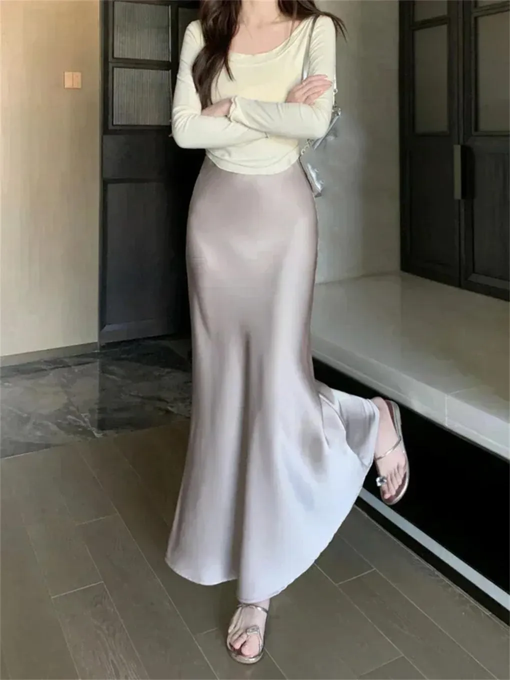Women's Satin Silk A-Line Long Skirt High Waist Ladies Solid Fishtail Skirts for Women