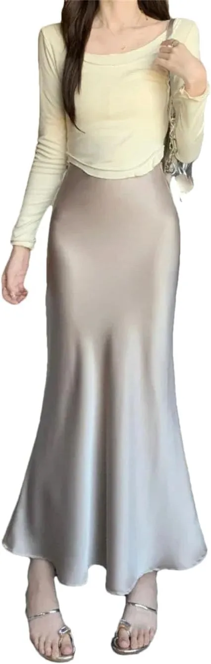 Women's Satin Silk A-Line Long Skirt High Waist Ladies Solid Fishtail Skirts for Women