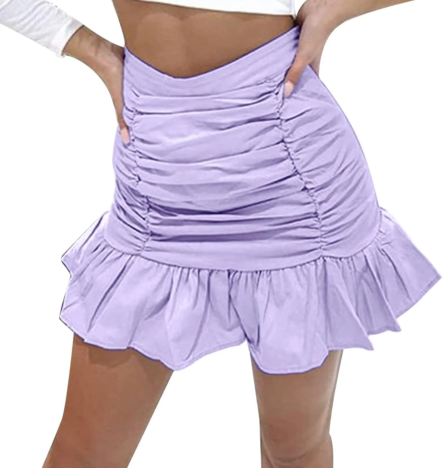 Women's Short Mini Skirts Solid Pleated Ruffle Skirt High Waist Hip Wrap Pleated Skirts for Women Spring Dresses