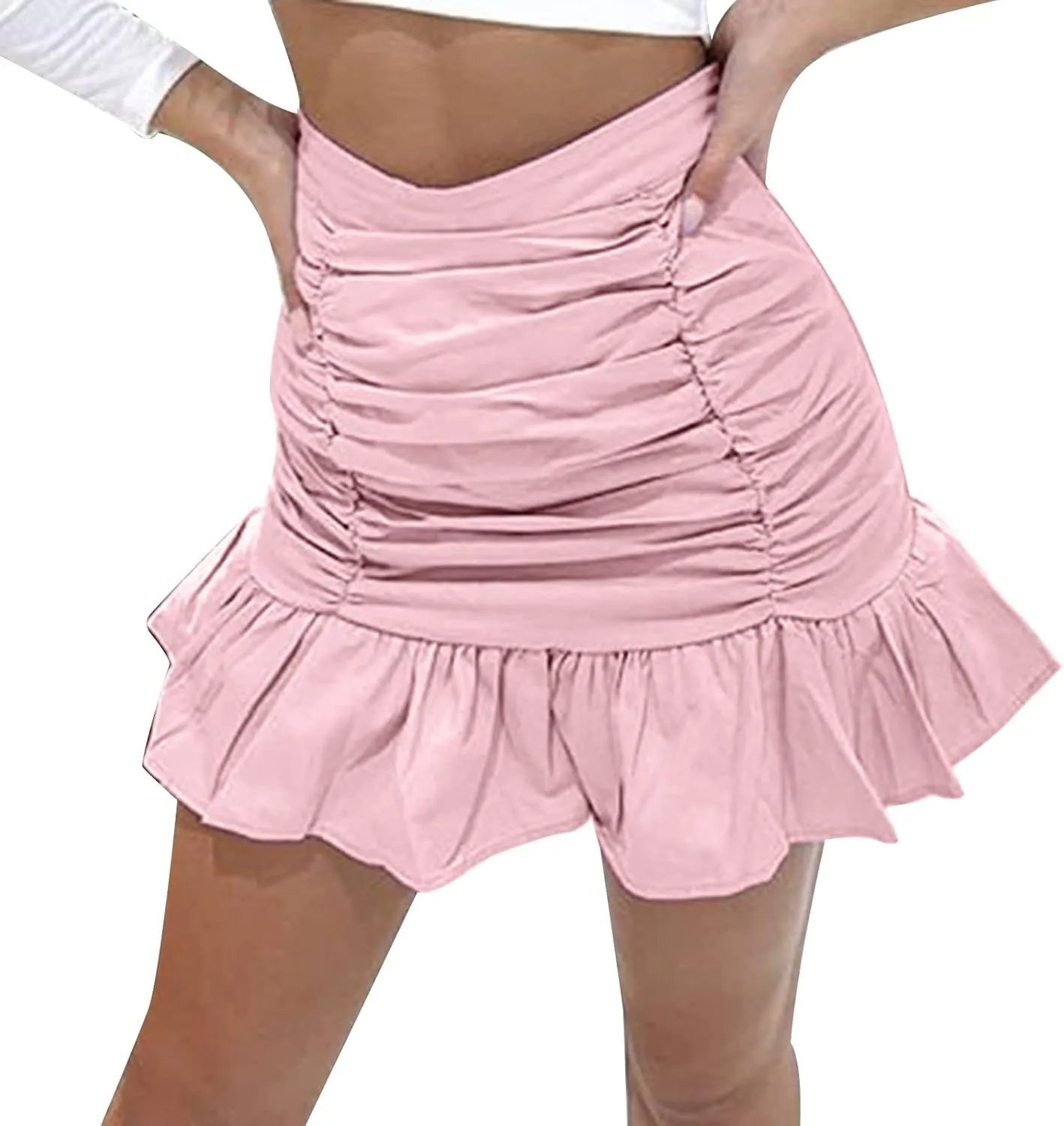 Women's Short Mini Skirts Solid Pleated Ruffle Skirt High Waist Hip Wrap Pleated Skirts for Women Spring Dresses