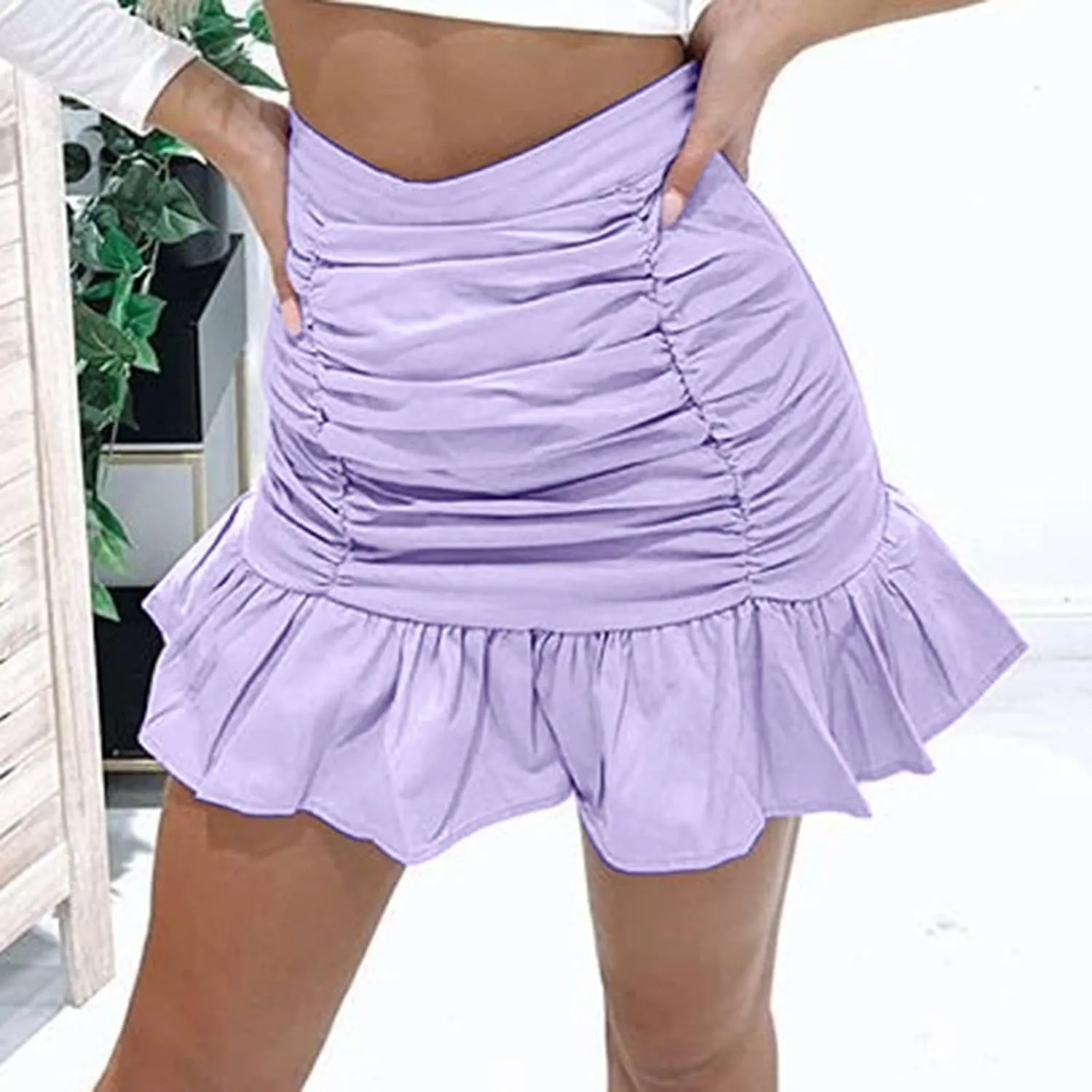 Women's Short Mini Skirts Solid Pleated Ruffle Skirt High Waist Hip Wrap Pleated Skirts for Women Spring Dresses