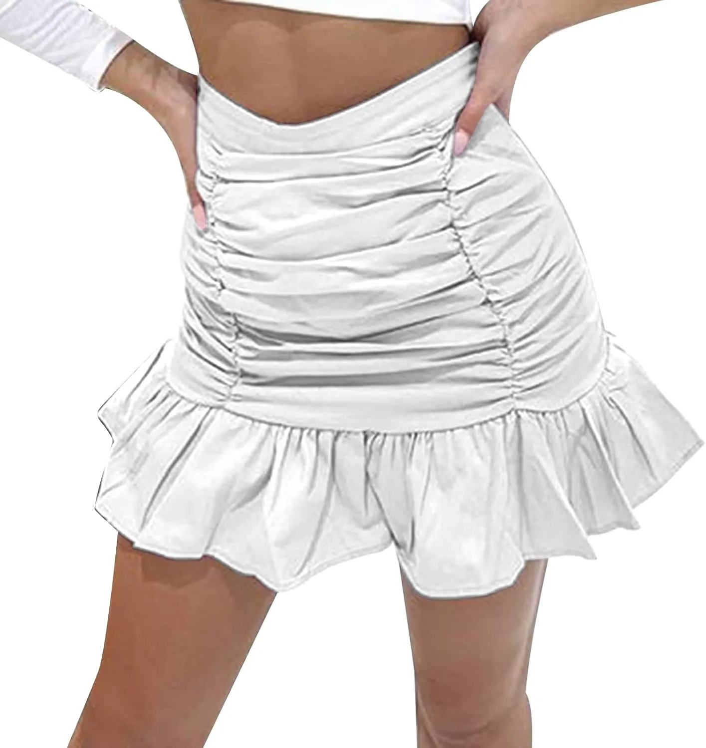 Women's Short Mini Skirts Solid Pleated Ruffle Skirt High Waist Hip Wrap Pleated Skirts for Women Spring Dresses