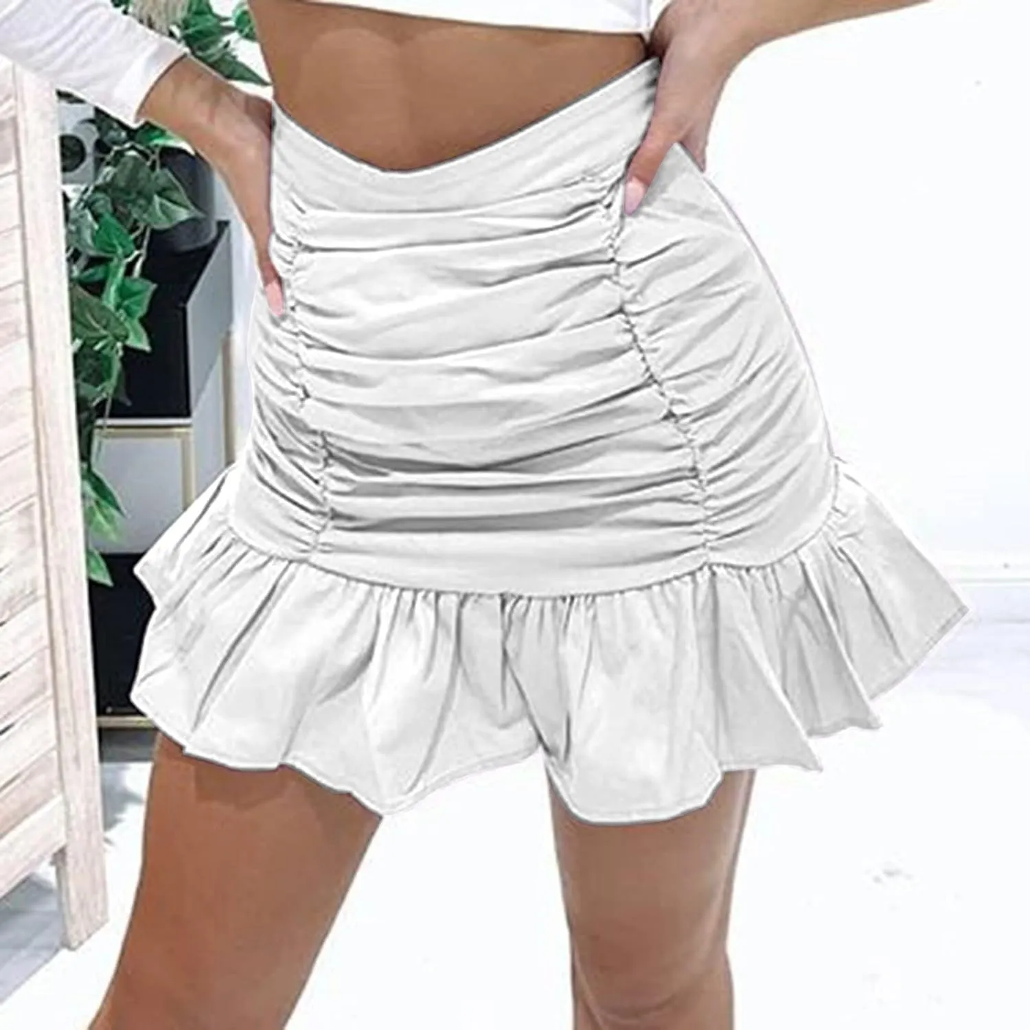 Women's Short Mini Skirts Solid Pleated Ruffle Skirt High Waist Hip Wrap Pleated Skirts for Women Spring Dresses