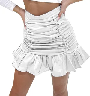 Women's Short Mini Skirts Solid Pleated Ruffle Skirt High Waist Hip Wrap Pleated Skirts for Women Spring Dresses