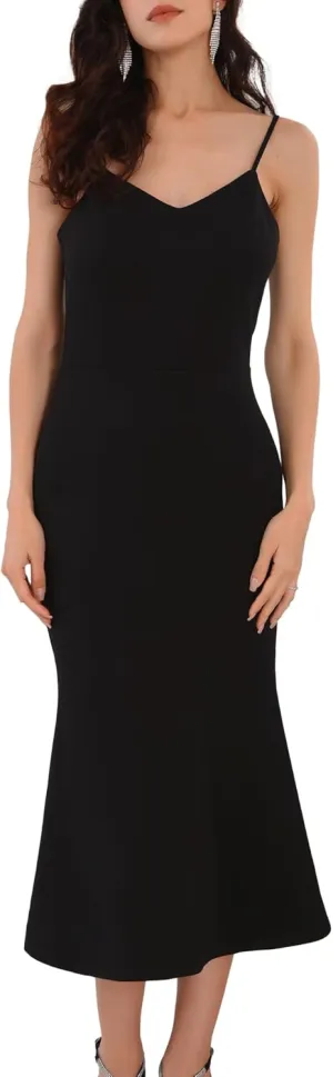 Women's Sleeveless Bodycon Dresses Cutout Backless Spaghetti Strap Fishtail Cocktail Midi Dress