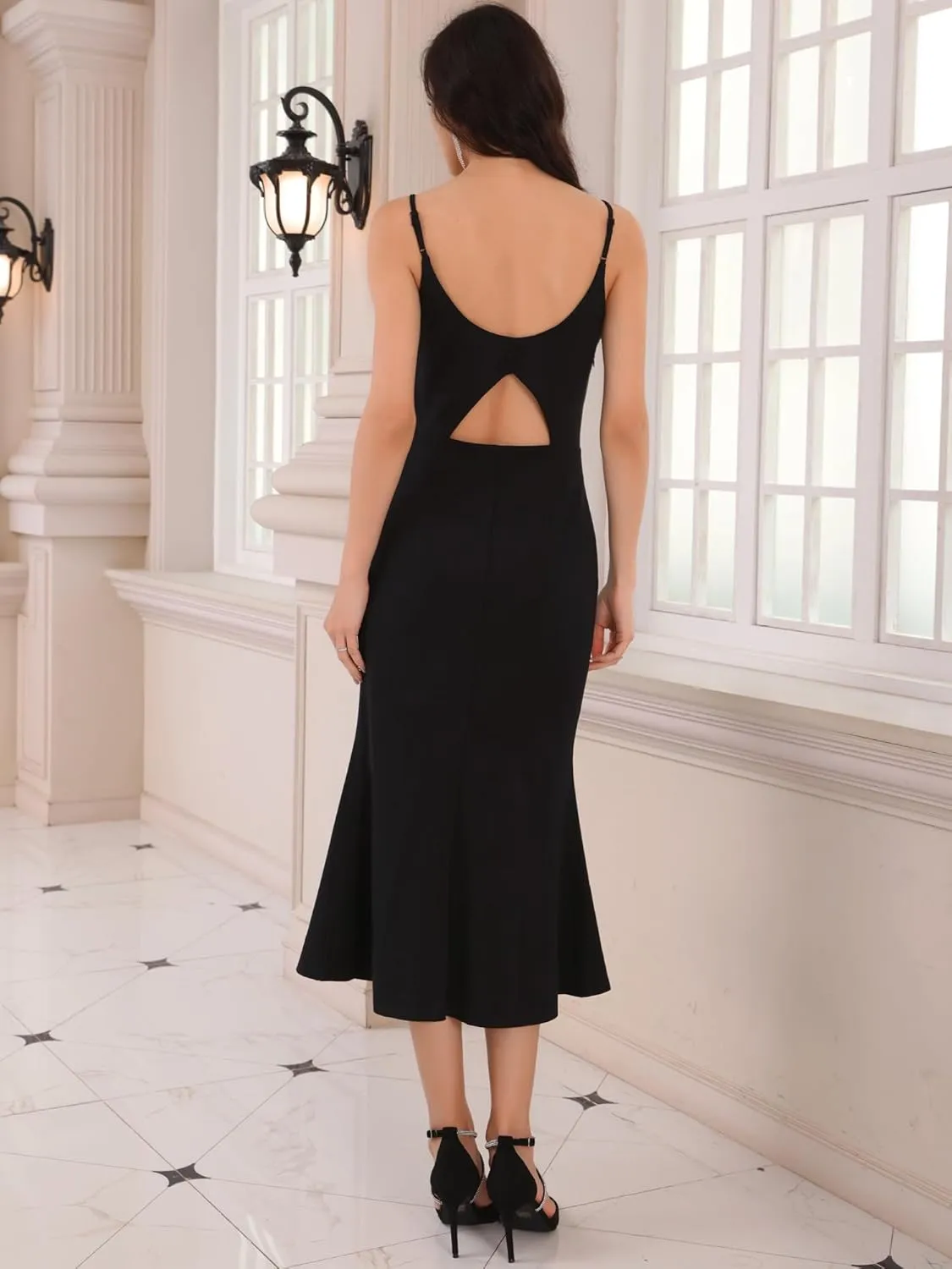 Women's Sleeveless Bodycon Dresses Cutout Backless Spaghetti Strap Fishtail Cocktail Midi Dress