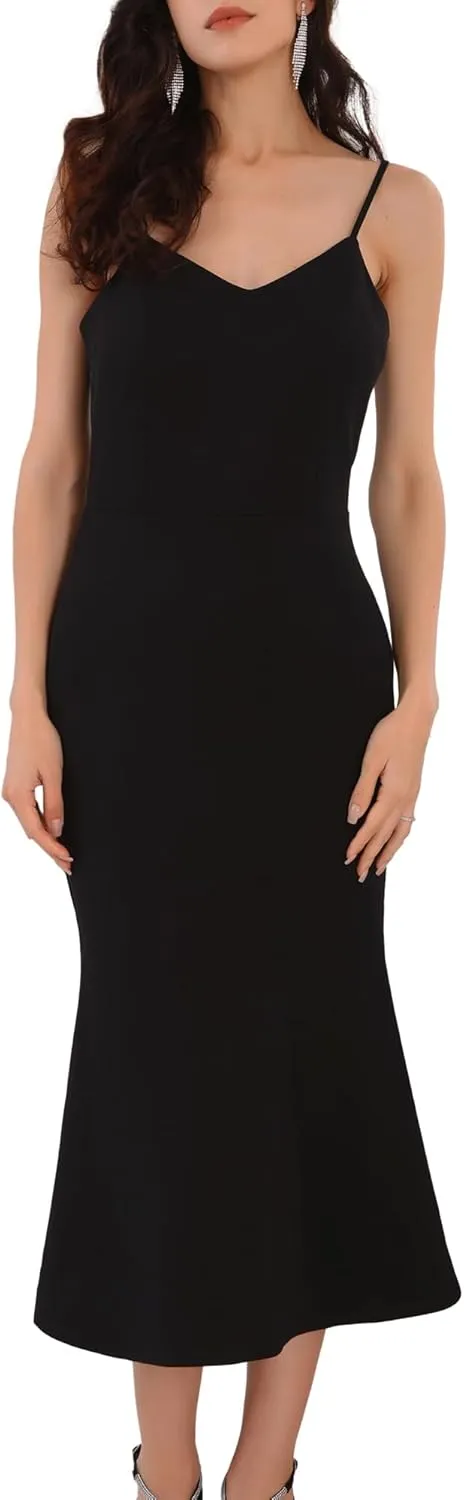 Women's Sleeveless Bodycon Dresses Cutout Backless Spaghetti Strap Fishtail Cocktail Midi Dress