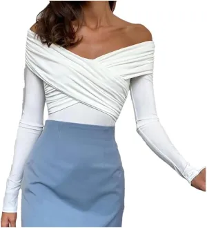 Women's Solid Color Slim Fit V-Neck Women's Strapless Long Sleeved T-Shirt Women's Black Slim Fit T-Shirt
