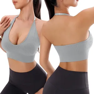 Womens Solid Color Womens Sports Bras High Support Comfortable Workout Ribbed High Impact Halter Scoop Neck Plus Size String