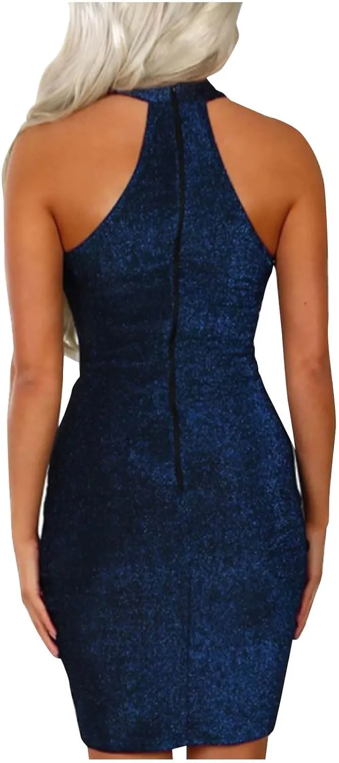 Womens Sparkly Glitter Sleeveless Formal Evening Bodycon Mini Dress Tight Wrap Elegant Party Club Cocktail Gowns 2025