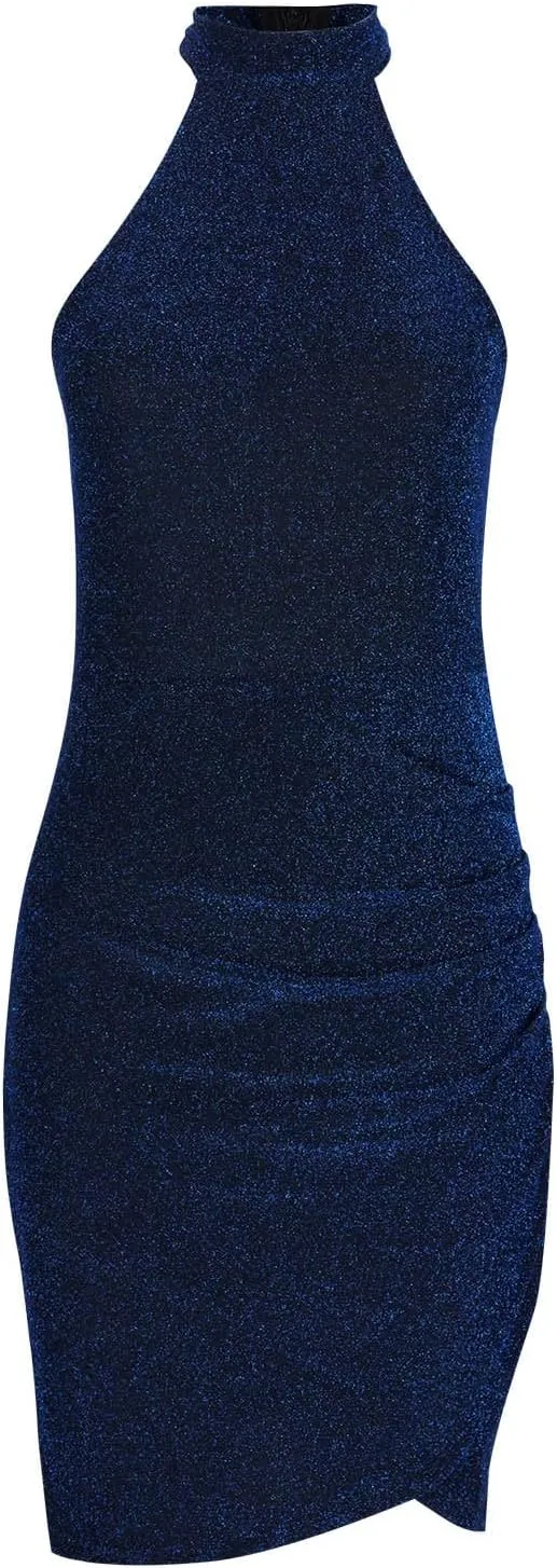 Womens Sparkly Glitter Sleeveless Formal Evening Bodycon Mini Dress Tight Wrap Elegant Party Club Cocktail Gowns 2025